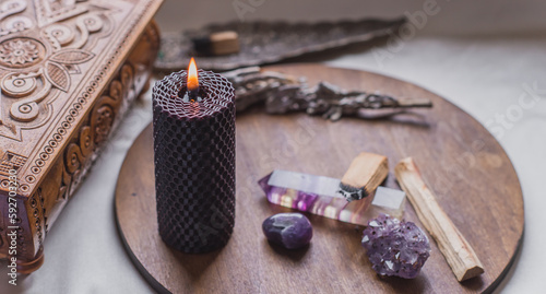 Obraz na plátně Energy healing, reiki session or chakra rite with candles, wicca magic, new worl