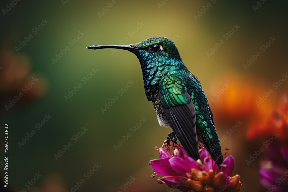 Fototapeta premium Humming bird hovering over colorful, pollen filled flowers. Generative AI