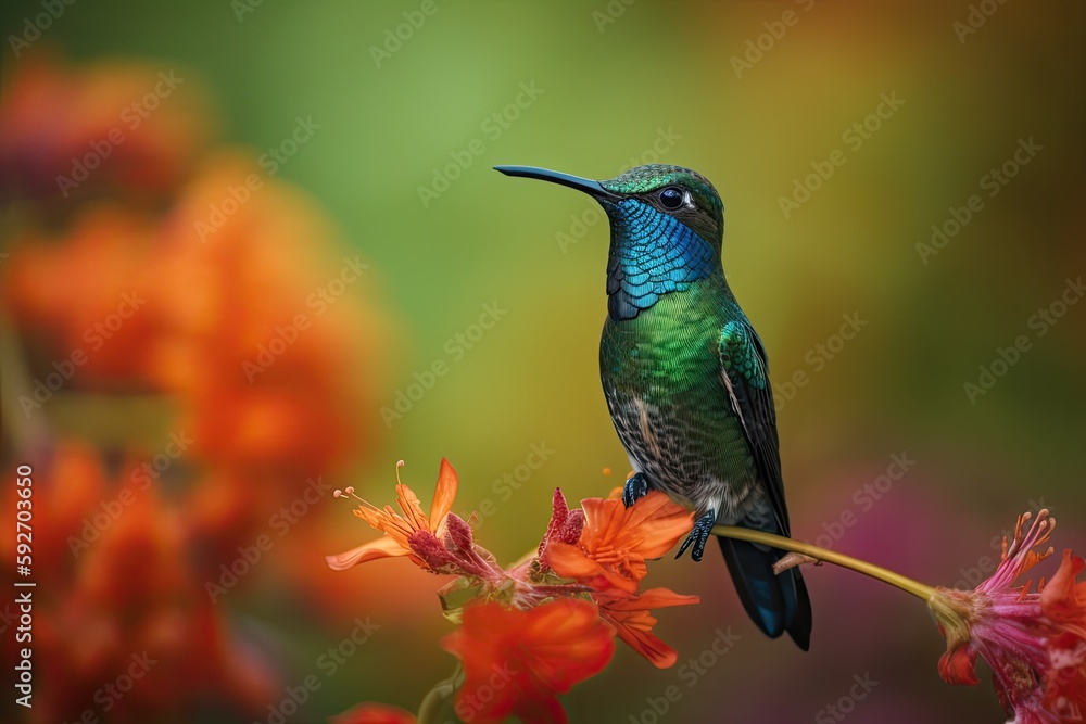 Humming bird hovering over colorful, pollen filled flowers. Generative AI Humming bird hovering over colorful, pollen filled flowers. Generative AI