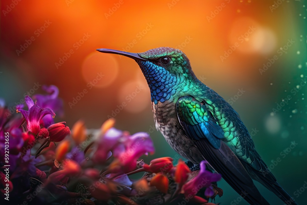 Naklejka premium Humming bird hovering over colorful, pollen filled flowers. Generative AI