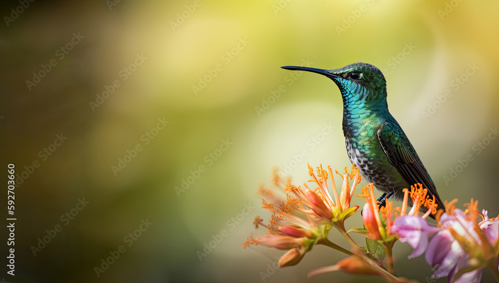 Humming bird hovering over colorful, pollen filled flowers. Generative AI Humming bird hovering over colorful, pollen filled flowers. Generative AI