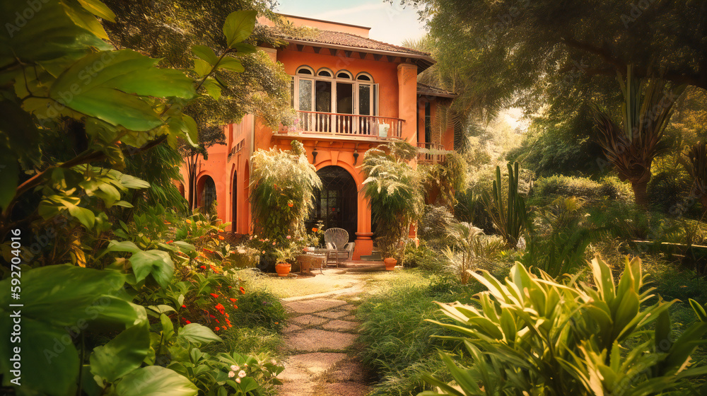 A charming image of a secluded summer villa rental, surrounded by verdant gardens for a peaceful and exclusive escape