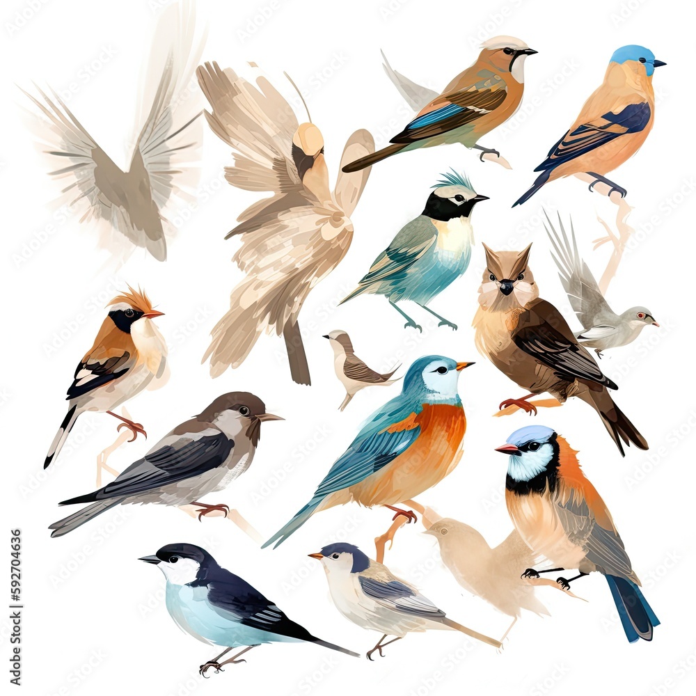 Different kind of watercolor birds illustration. Generative AI Different kind of watercolor birds illustration. Generative AI