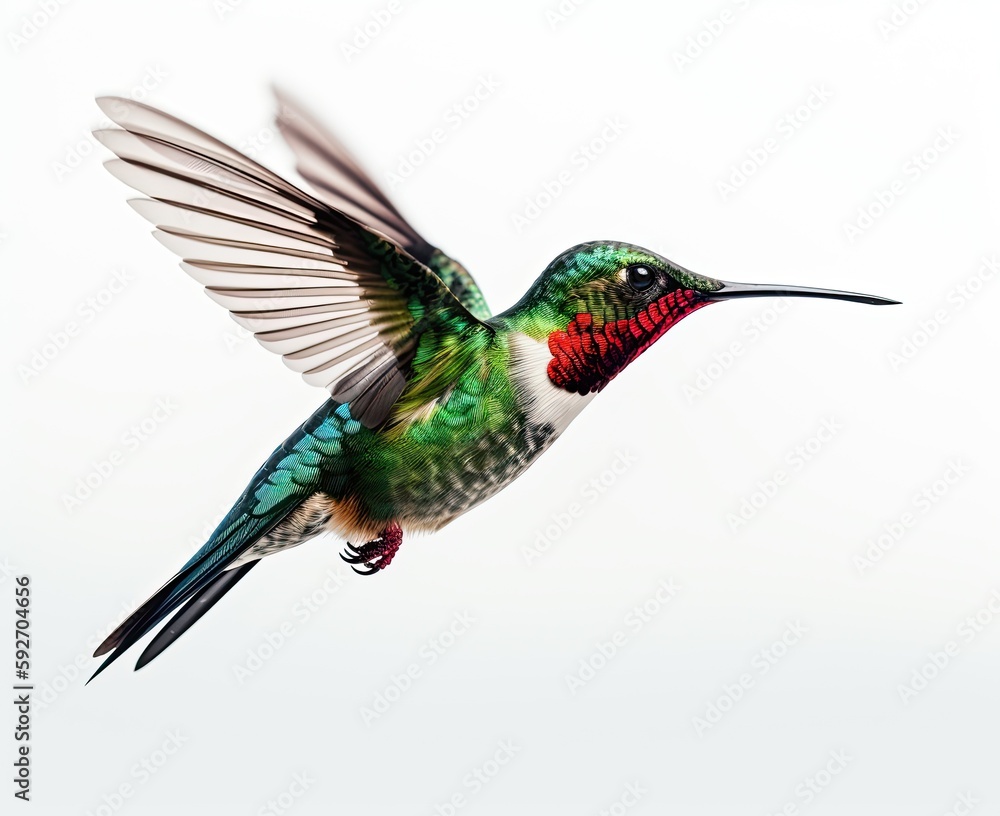 Obraz premium Humming bird hovering isolated on a white background. Generative AI