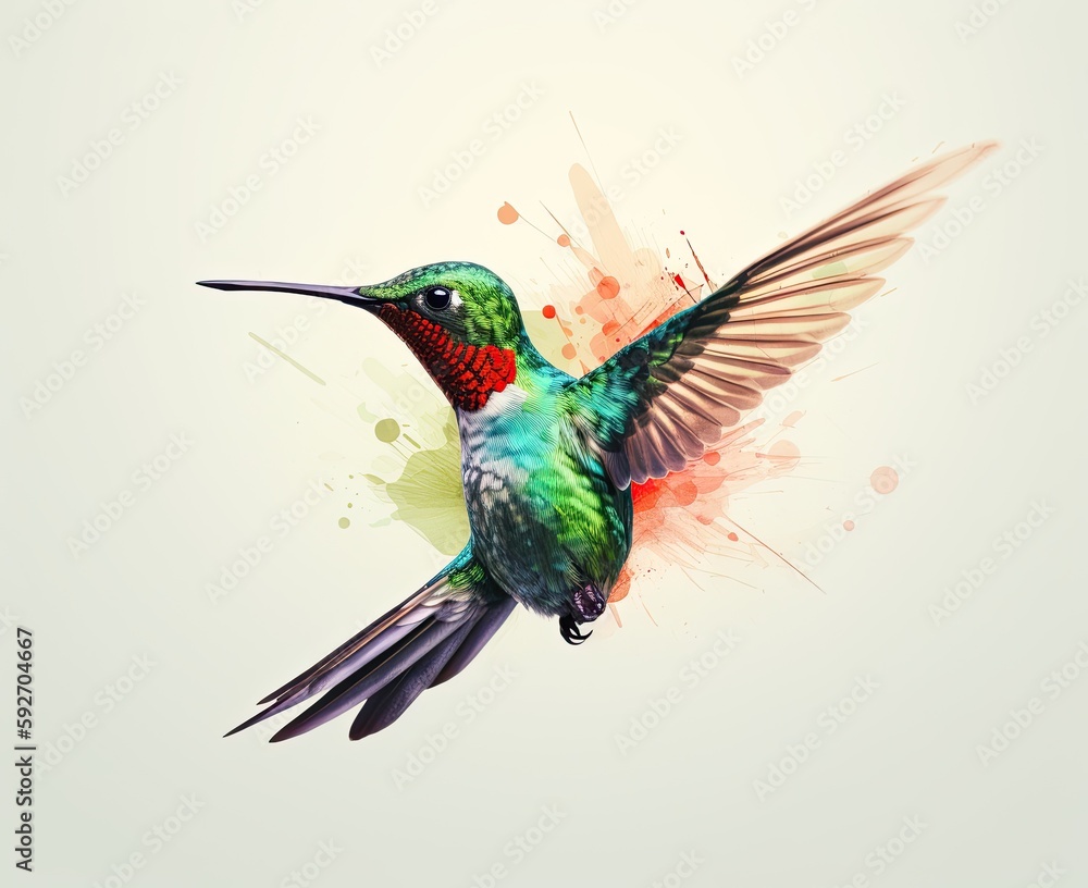 Fototapeta premium Humming bird hovering isolated on a white background. Generative AI
