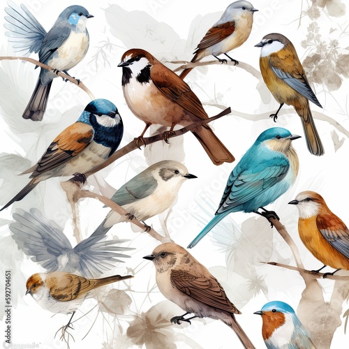 Different kind of watercolor birds illustration. Generative AI © Gelpi