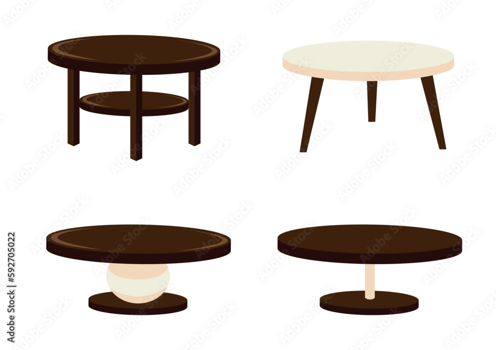 Vector set of round coffee tables in simple flat style. Furniture for home and office interiors. Vector set of round coffee tables in simple flat style. Furniture for home and office interiors.
