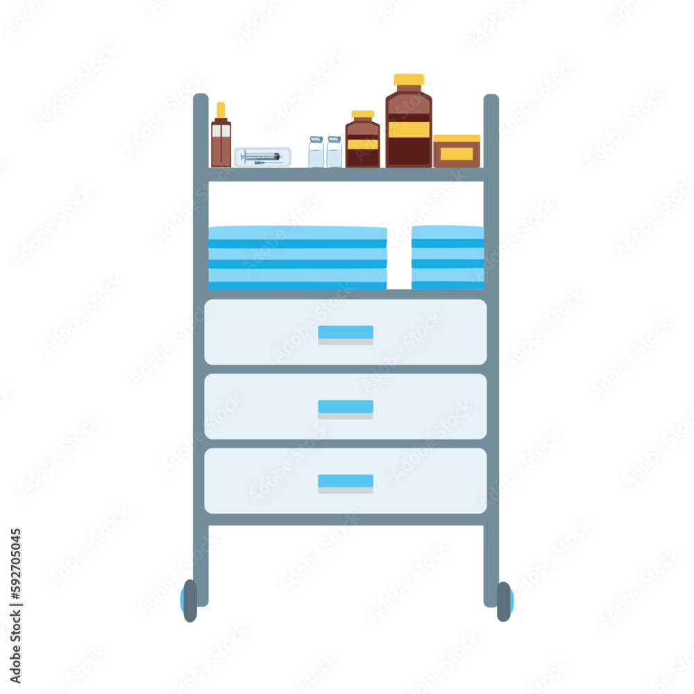 Medical trolley with ampoule, vials and medical supplies. Medical furniture. Vector illustration isolated on white background. Medical trolley with ampoule, vials and medical supplies. Medical furniture. Vector illustration isolated on white background.