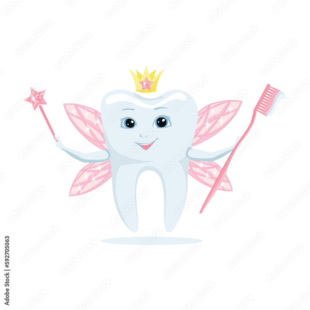 Tooth fairy in a caron and with a magic platter. The tooth fairy holds ...