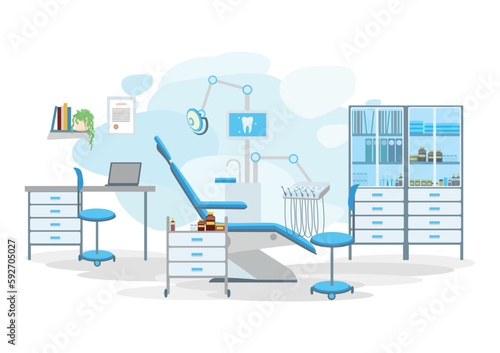 Modern dental office in a simple flat style. Dental technologies and equipment. Vector illustration isolated on white background.