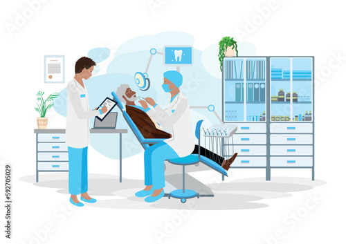 An elderly man at a dentist's appointment in a dental office. Dentistry. Treatment, prosthetics, prevention, professional cleaning and whitening of teeth. Vector illustration in a simple style.