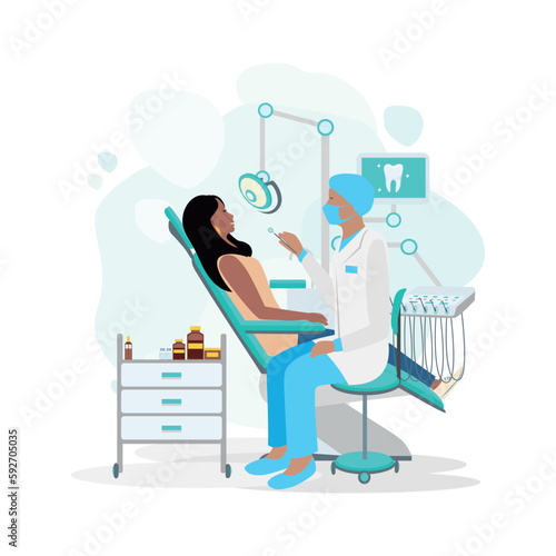 Woman at the dentist's appointment in the dental office. Dentistry. Treatment, prosthetics, prevention, professional cleaning and whitening of teeth. Vector illustration in a simple style.