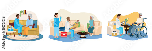 Doctor provide medical care to an elderly patient at home. Call an ambulance at home. Thank you doctors and nurses for saving lives. Vector illustration set.