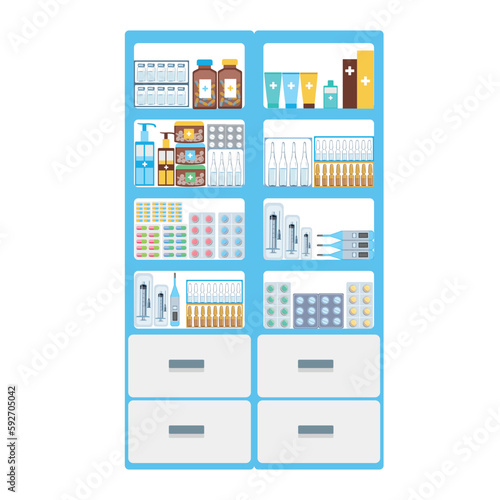 Medical cabinet with pills, medicine, vials and medical supplies. Medical furniture. Vector illustration isolated on white background.