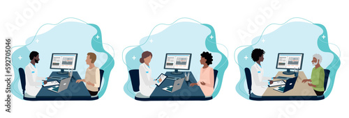 A patient in a doctor's office tells the symptoms, and the doctor writes down the prescription or diagnosis. Thank you doctors and nurses. Set of vector illustration in a flat style.