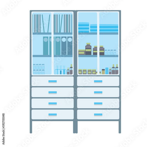 Medical cabinet with pills, medicine, vials and medical supplies. Medical furniture. Vector illustration isolated on white background.