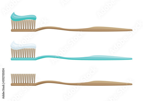 Set of natural bristle toothbrushes and toothpaste in simple flat style. Hygiene and oral care. Dentistry. Vector illustration isolated on white background.