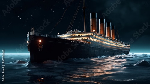 RMS Titanic navigating through icebergs at night, AI Generative