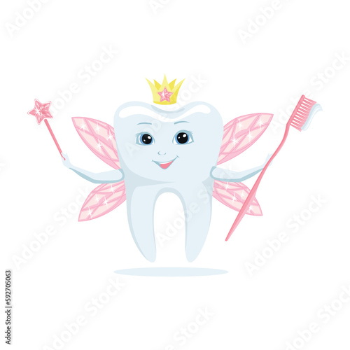 Tooth fairy in a caron and with a magic platter. The tooth fairy holds a cheerful tooth in her hands. Healthy teeth. Cute fairy tale character. Vector illustration.