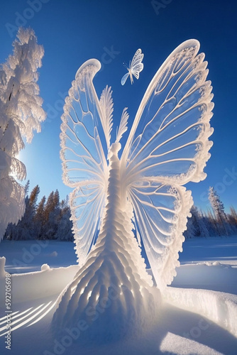 a close up of large white butterfly sculpture in the snow. generative ai.