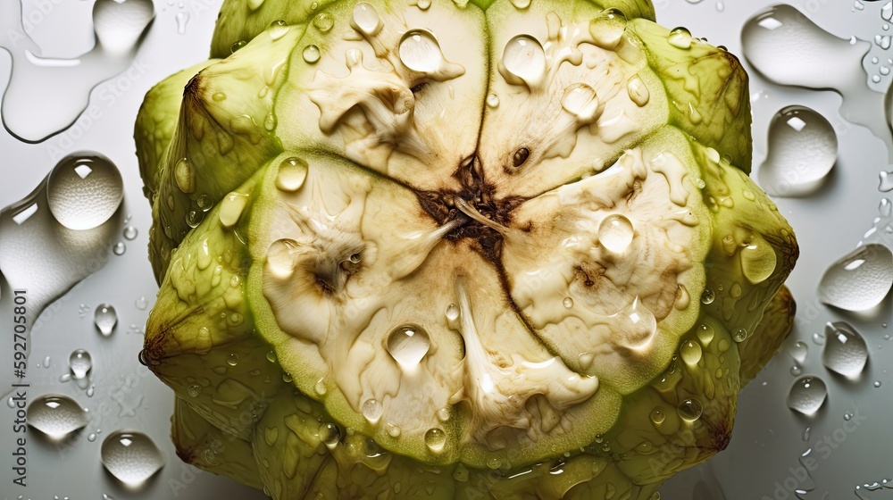 Obraz premium Custard apple or sugar apple with slice and green leaf isolated on white background, exotic tropical Thai annona or cherimoya fruit, healthy food