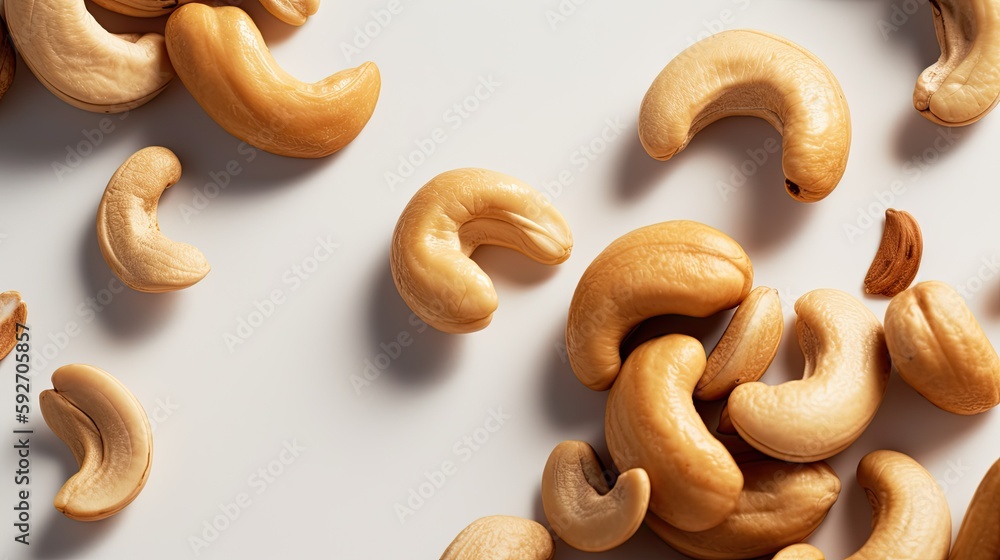 cashew, nuts with drops of water on a White background. Top view. cashew, nuts with drops of water on a White background. Top view.