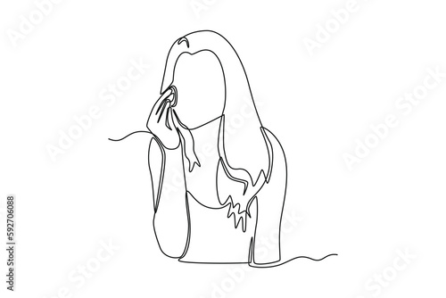 Single one line drawing woman cleaning her face with face soap. Bathroom activities concept. Continuous line draw design graphic vector illustration.