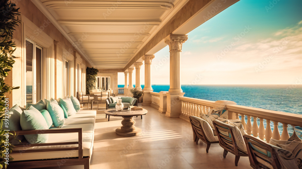 Fototapeta premium A remarkable image of a luxurious villa terrace, blending indoor and outdoor living with a stunning ocean backdrop