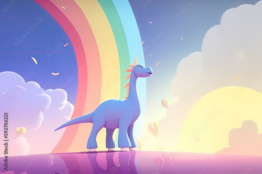 A huge dinosaur stands in the foreground against a rainbow sky. Generative AI A huge dinosaur stands in the foreground against a rainbow sky. Generative AI