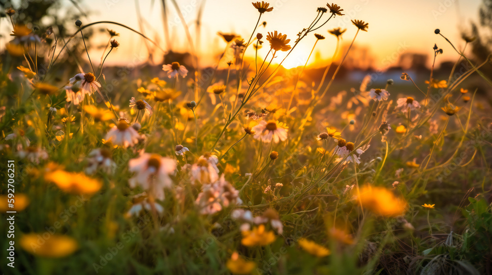A serene and tranquil scene of wildflowers swaying gracefully in the golden hour breeze A serene and tranquil scene of wildflowers swaying gracefully in the golden hour breeze