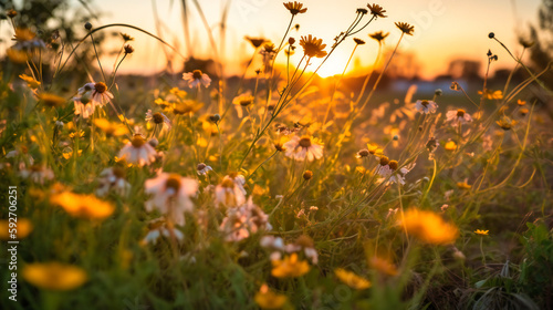 A serene and tranquil scene of wildflowers swaying gracefully in the golden hour breeze