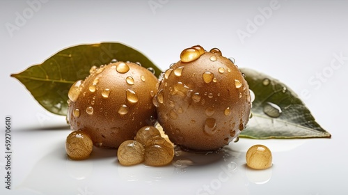 Longan with leaf and water drops on white background. Close up