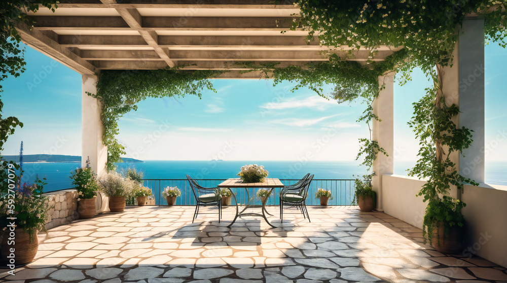 An awe-inspiring image of a summer villa terrace, providing a serene space for relaxation while gazing upon a stunning coastal view
