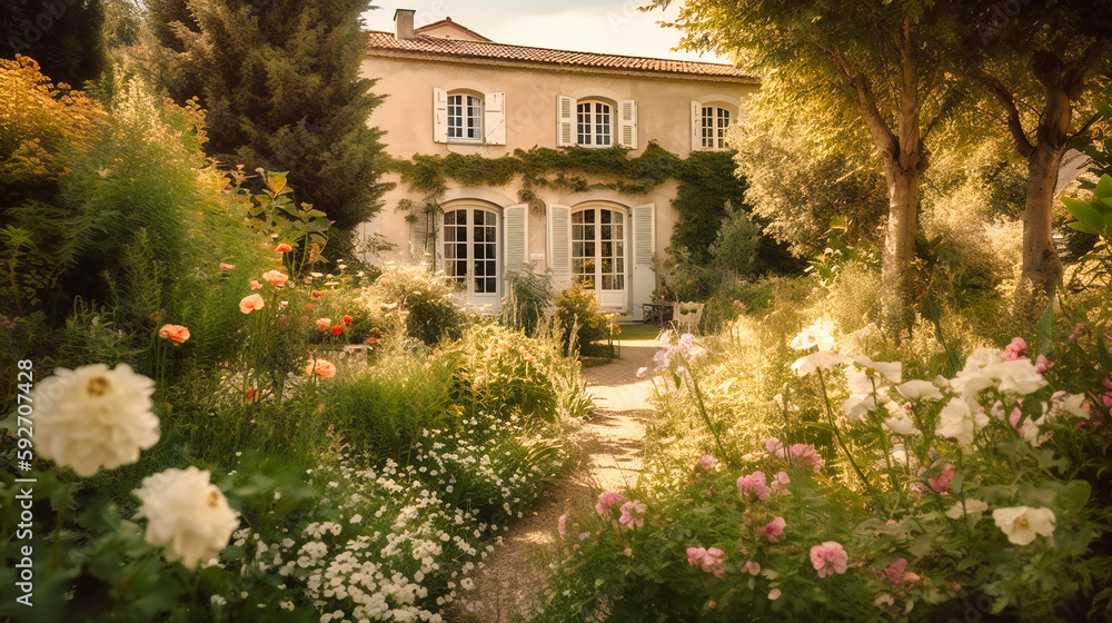 A captivating image of a charming summer villa rental, enveloped by a secluded, beautifully landscaped garden