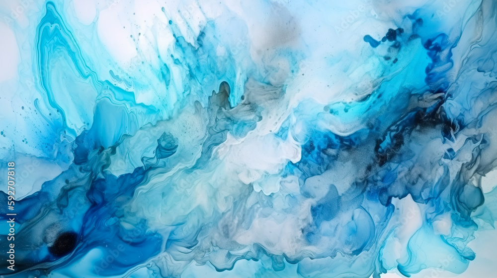 Beautiful abstraction of liquid paints in slow blending flow mixing together gently. Generative AI