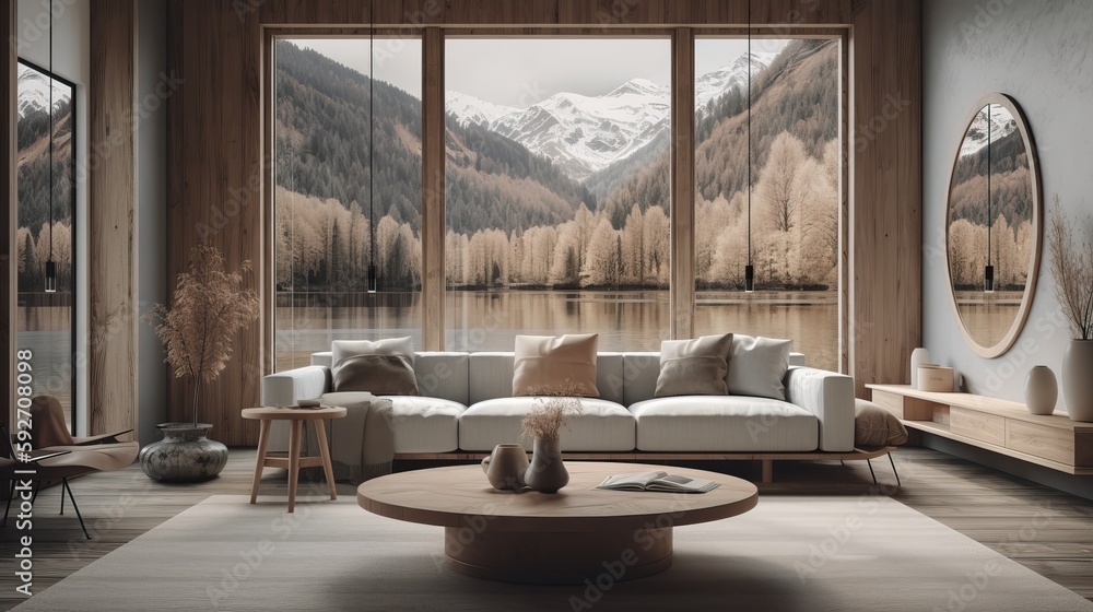 Fototapeta premium Vacation lake luxury mountain house living room rustic. Generative AI 