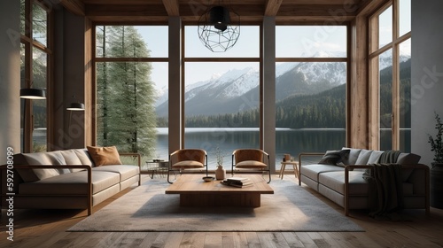 Vacation lake luxury mountain house living room rustic. Generative AI 