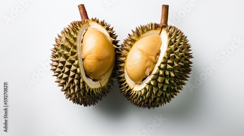 Fresh durian fruit with water drops on white background. Close up