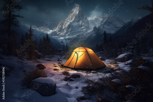 Illuminated tent on top of a mountain among the snow. Composite with different elements made with generative AI