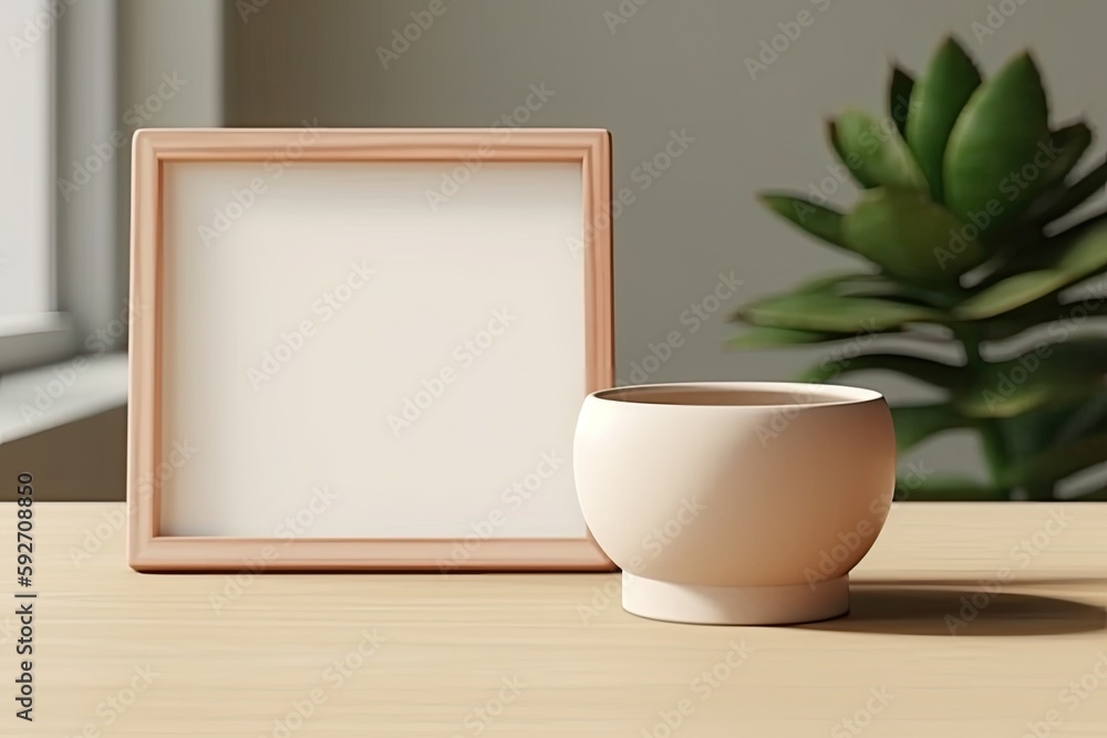 A basic circular vase and picture frame are placed on a white desk. Generative AI A basic circular vase and picture frame are placed on a white desk. Generative AI