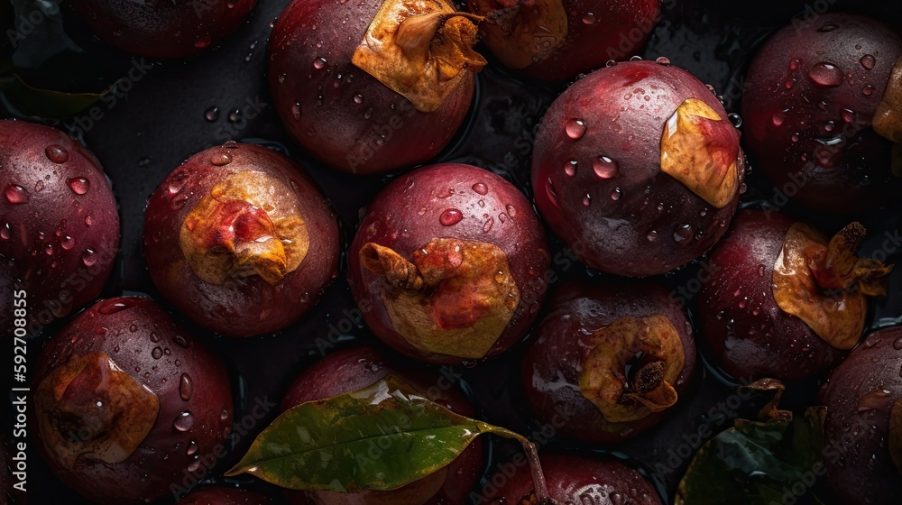 Fototapeta premium Raw mangosteen, leaf background with water drops. Close up