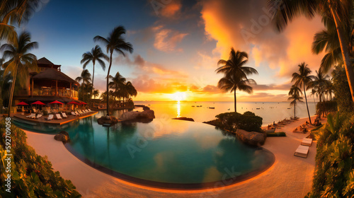 A panoramic view of a luxurious beach resort in a tropical paradise, overlooking the turquoise sea at sunset © Nilima