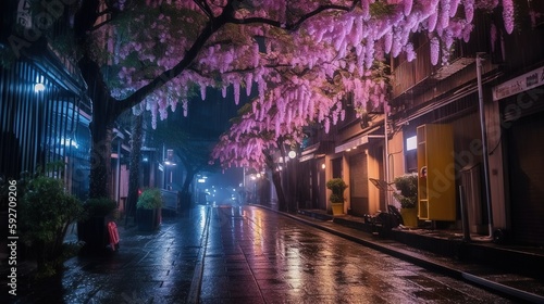 night in the city pink Sophora affinis Eve's Necklace japonica trees in japan