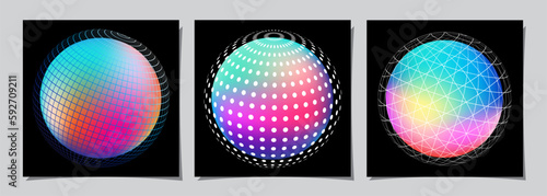 Gradient Spherical Grid set, holographic vibrant round icon. Multicolor buttons can be used in banner, social media, web, as design element. © Udomdech
