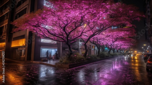 night in the city pink Sophora affinis Eve's Necklace japonica trees in japan