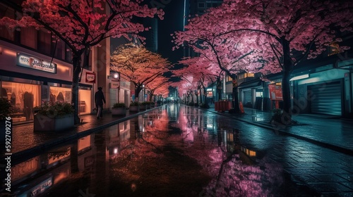 night in the city pink Sophora affinis Eve s Necklace japonica trees in japan