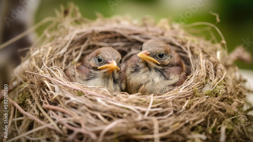 bird babies inside the nest in the forest