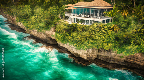 A luxurious private beach villa perched on a cliffside, overlooking the emerald-green ocean, with a cozy and inviting atmosphere