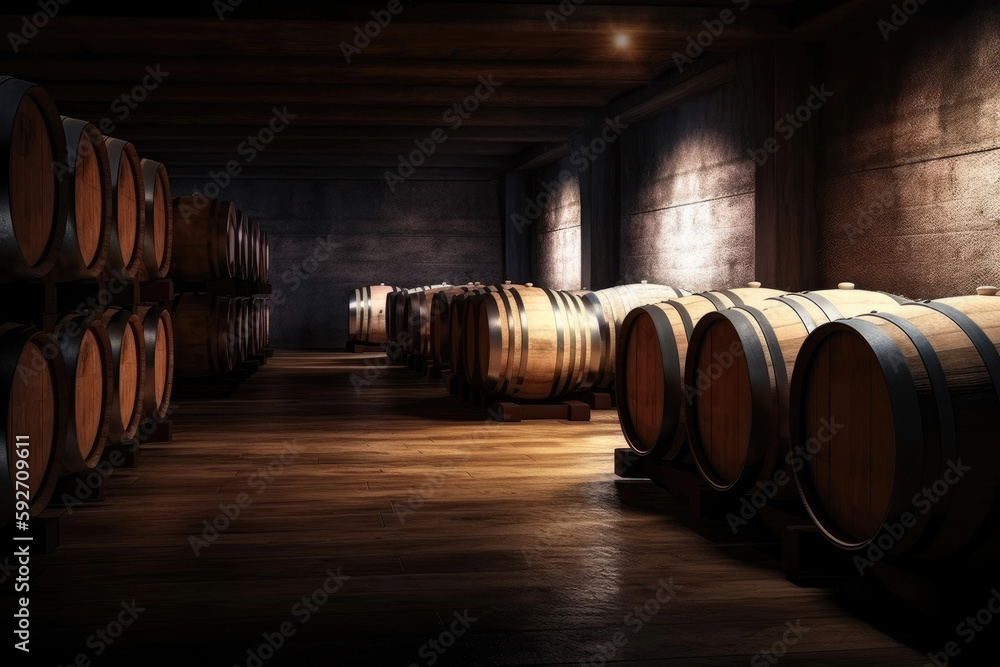 Wine barrels in the cellar of the winery. Generative AI
