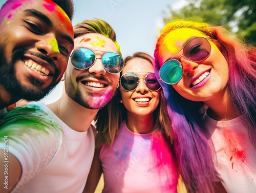 Multiracial friends having at an outdoor colorful festival, group selfie smiling (AI generated)